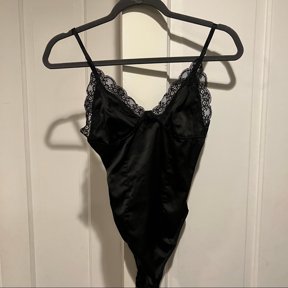 Black satin body suit lace
